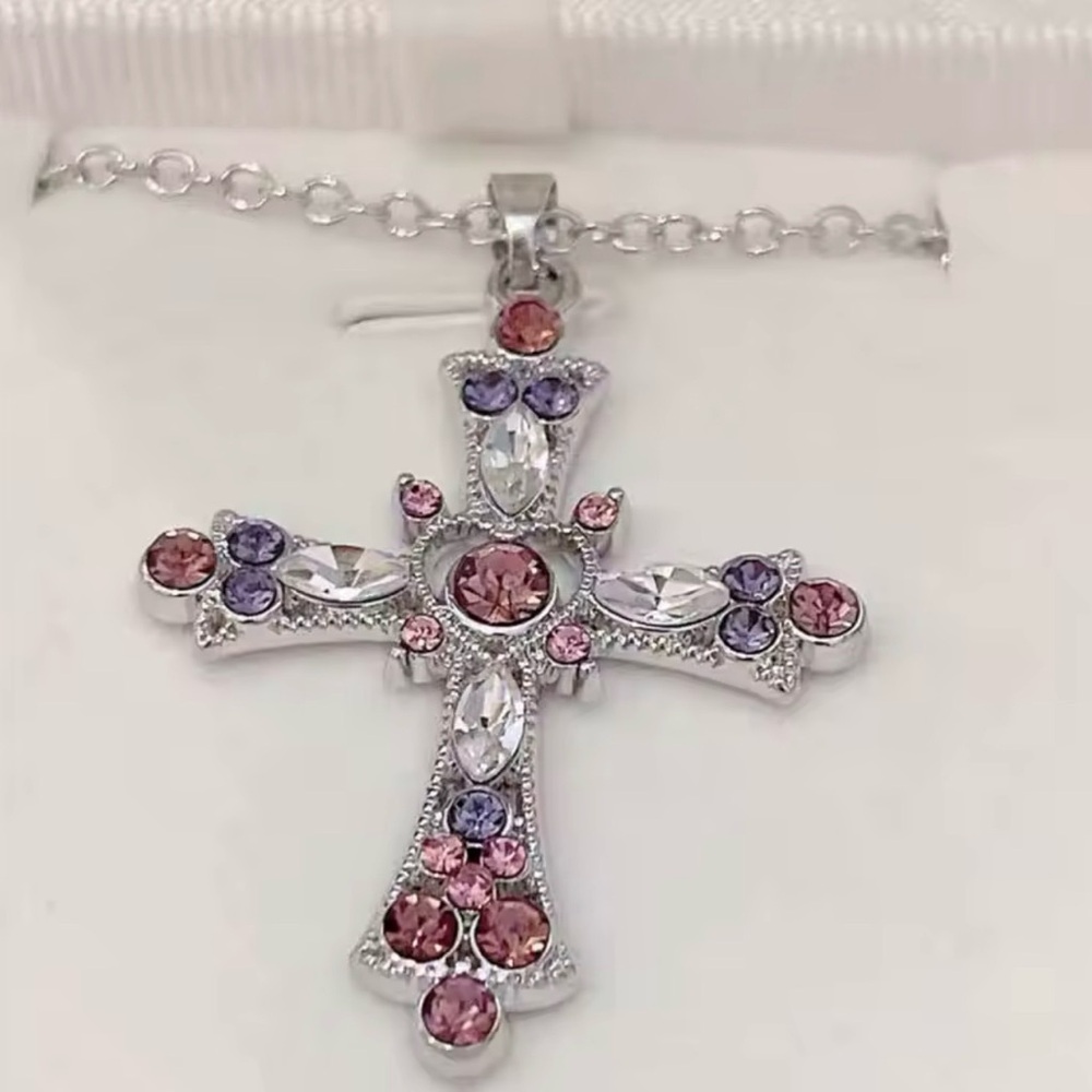 Pink And Purple Silver Crystal Cross Necklace - Picture 2 of 3